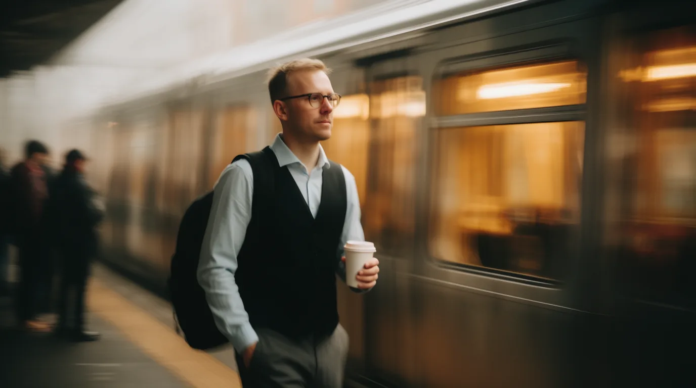 A worker heading in for an early shift as a train pulls into the platform