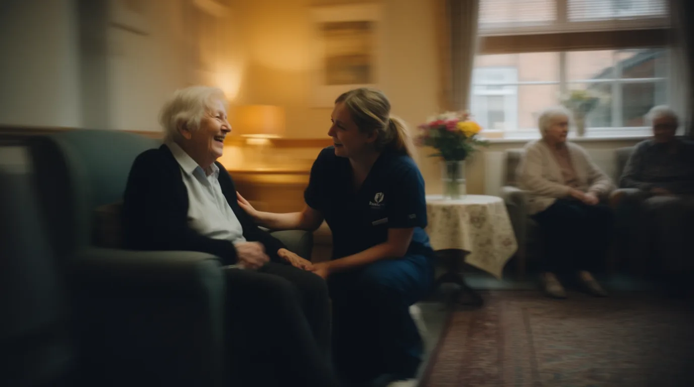 A carer sitting and talking with an older resident in a care home lounge