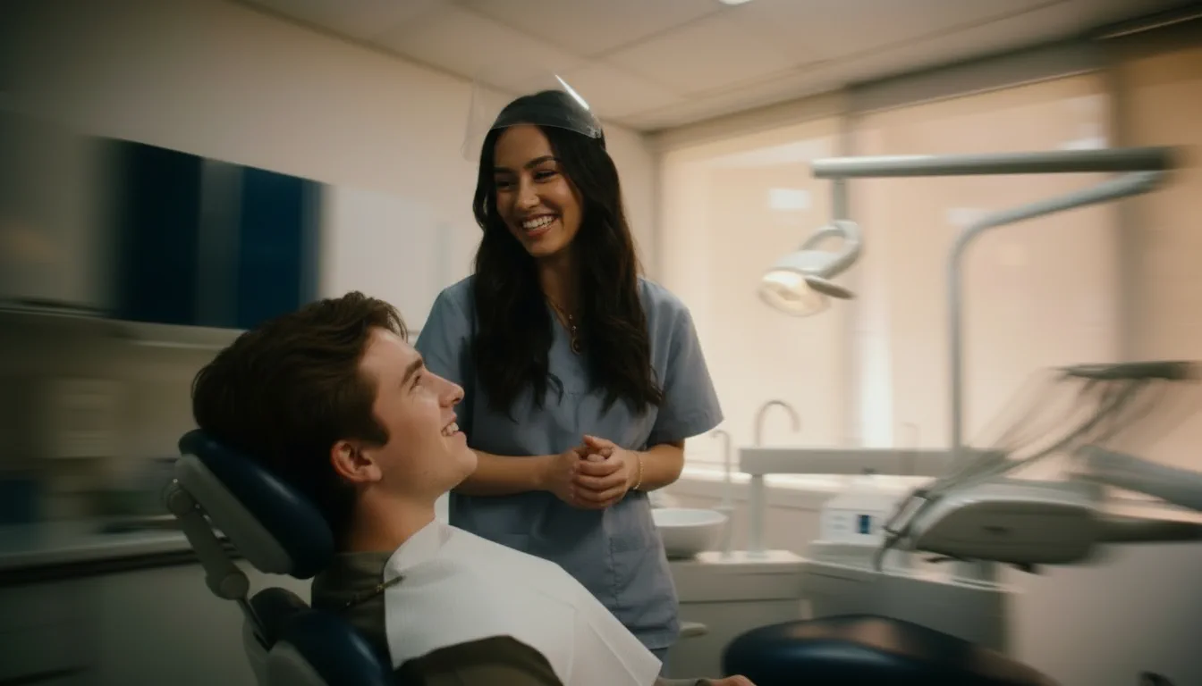 A dental nurse smiling with a patient in the treatment chair